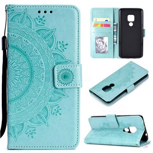 Intricate Embossing Datura Leather Wallet Case for Huawei Mate 20 - Mint Green