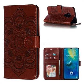 Intricate Embossing Datura Solar Leather Wallet Case for Huawei Mate 20 - Brown