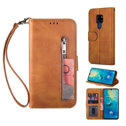 Retro Calfskin Zipper Leather Wallet Case Cover for Huawei Mate 20 - Brown