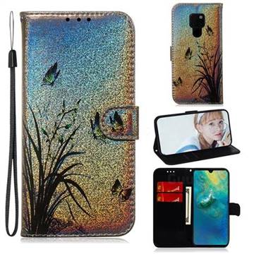 Butterfly Orchid Laser Shining Leather Wallet Phone Case for Huawei Mate 20