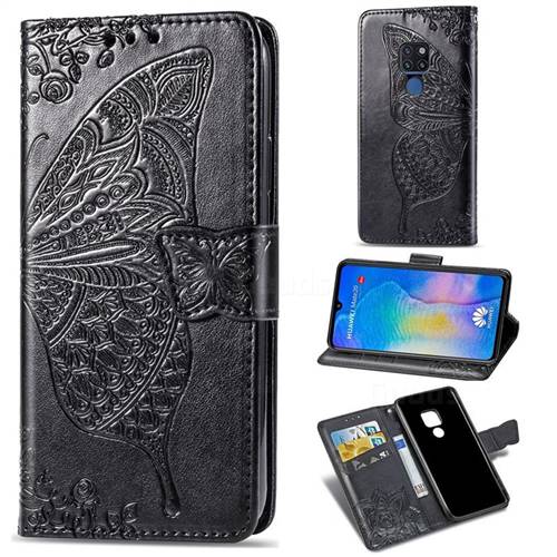 Embossing Mandala Flower Butterfly Leather Wallet Case for Huawei Mate 20 - Black