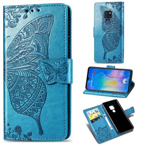 Embossing Mandala Flower Butterfly Leather Wallet Case for Huawei Mate 20 - Blue