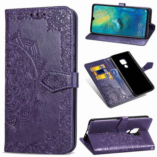 Embossing Imprint Mandala Flower Leather Wallet Case for Huawei Mate 20 - Purple