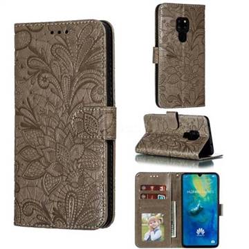 Intricate Embossing Lace Jasmine Flower Leather Wallet Case for Huawei Mate 20 - Gray