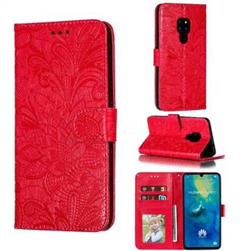 Intricate Embossing Lace Jasmine Flower Leather Wallet Case for Huawei Mate 20 - Red