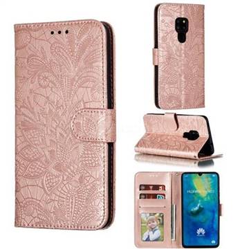 Intricate Embossing Lace Jasmine Flower Leather Wallet Case for Huawei Mate 20 - Rose Gold