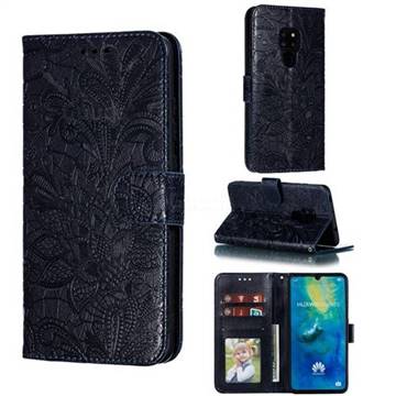 Intricate Embossing Lace Jasmine Flower Leather Wallet Case for Huawei Mate 20 - Dark Blue