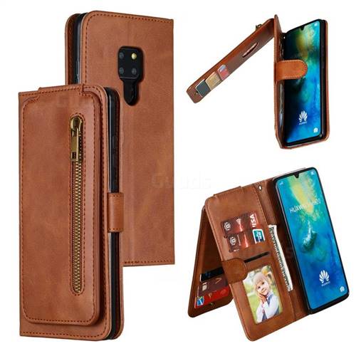 Multifunction 9 Cards Leather Zipper Wallet Phone Case for Huawei Mate 20 - Brown