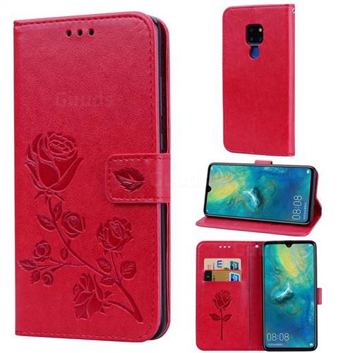 Embossing Rose Flower Leather Wallet Case for Huawei Mate 20 - Red
