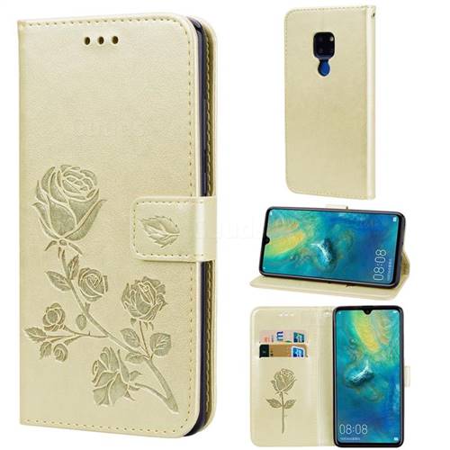 Embossing Rose Flower Leather Wallet Case for Huawei Mate 20 - Golden