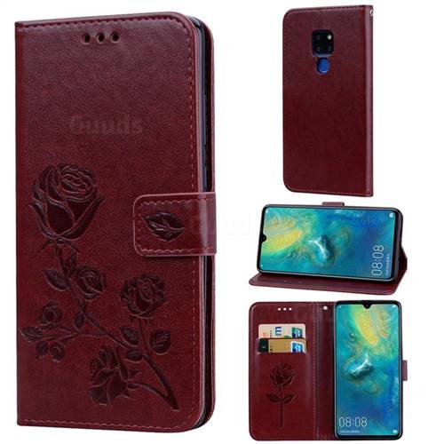 Embossing Rose Flower Leather Wallet Case for Huawei Mate 20 - Brown