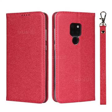 Ultra Slim Magnetic Automatic Suction Silk Lanyard Leather Flip Cover for Huawei Mate 20 - Red