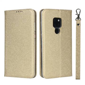 Ultra Slim Magnetic Automatic Suction Silk Lanyard Leather Flip Cover for Huawei Mate 20 - Golden
