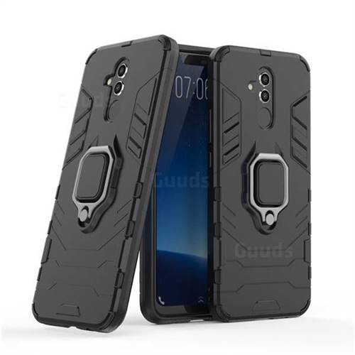 Black Panther Armor Metal Ring Grip Shockproof Dual Layer Rugged Hard Cover for Huawei Mate 20 Lite - Black