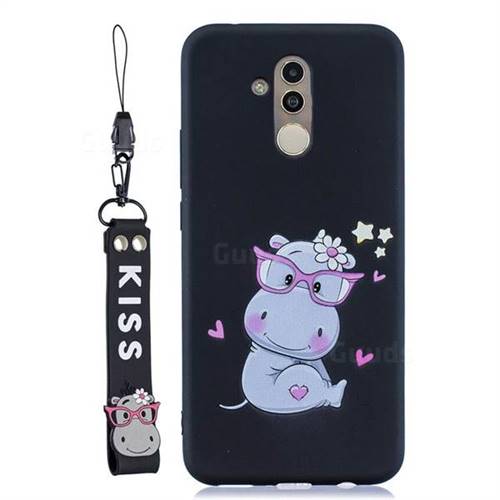 Black Flower Hippo Soft Kiss Candy Hand Strap Silicone Case for Huawei Mate 20 Lite