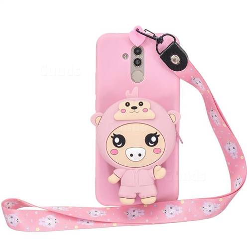Pink Pig Neck Lanyard Zipper Wallet Silicone Case for Huawei Mate 20 Lite
