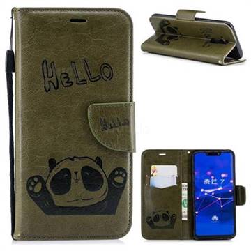 Embossing Hello Panda Leather Wallet Phone Case for Huawei Mate 20 Lite - Olive Green