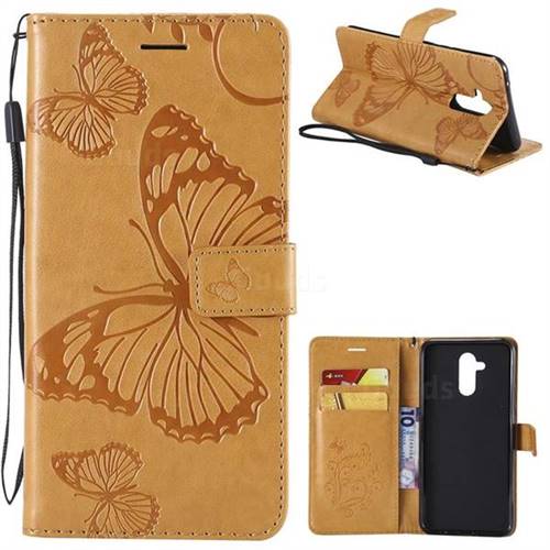 Embossing 3D Butterfly Leather Wallet Case for Huawei Mate 20 Lite - Yellow