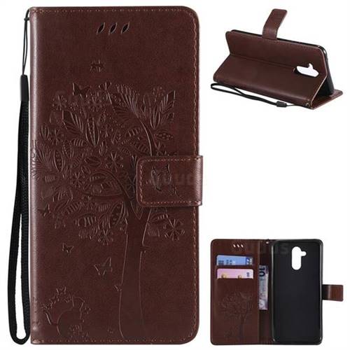 Embossing Butterfly Tree Leather Wallet Case for Huawei Mate 20 Lite - Coffee