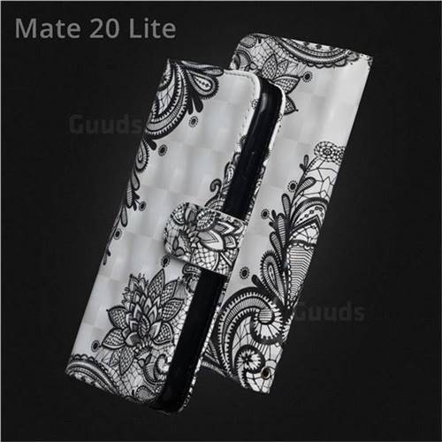 Black Lace Flower 3D Painted Leather Wallet Case for Huawei Mate 20 Lite