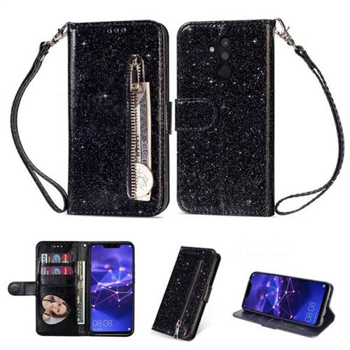 Glitter Shine Leather Zipper Wallet Phone Case for Huawei Mate 20 Lite - Black