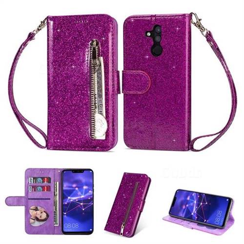 Glitter Shine Leather Zipper Wallet Phone Case for Huawei Mate 20 Lite - Purple