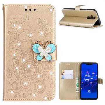 Embossing Butterfly Circle Rhinestone Leather Wallet Case for Huawei Mate 20 Lite - Champagne