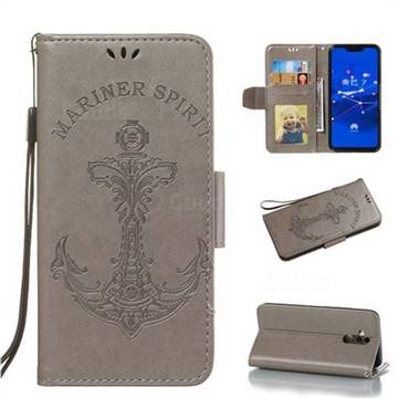 Embossing Mermaid Mariner Spirit Leather Wallet Case for Huawei Mate 20 Lite - Gray