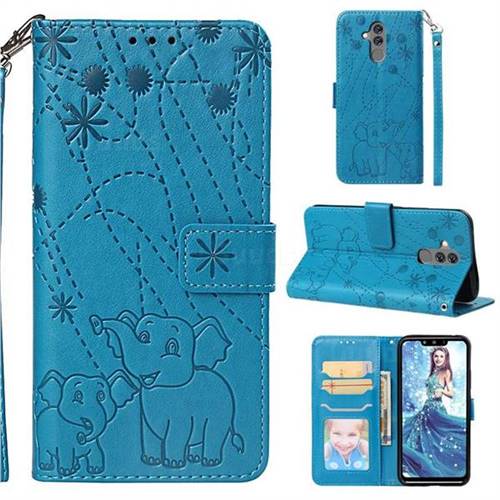 Embossing Fireworks Elephant Leather Wallet Case for Huawei Mate 20 Lite - Blue