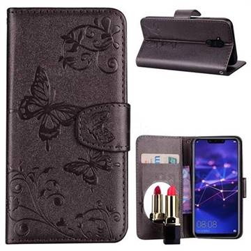 Embossing Butterfly Morning Glory Mirror Leather Wallet Case for Huawei Mate 20 Lite - Silver Gray