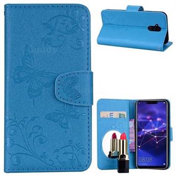 Embossing Butterfly Morning Glory Mirror Leather Wallet Case for Huawei Mate 20 Lite - Blue