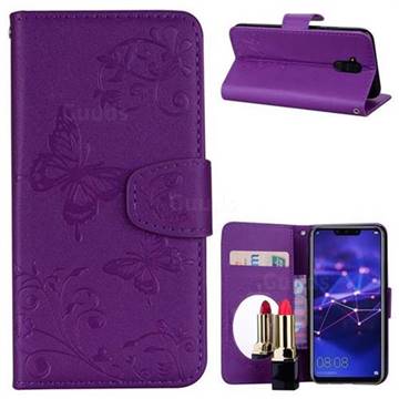 Embossing Butterfly Morning Glory Mirror Leather Wallet Case for Huawei Mate 20 Lite - Purple