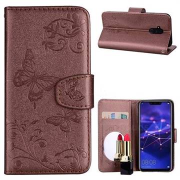 Embossing Butterfly Morning Glory Mirror Leather Wallet Case for Huawei Mate 20 Lite - Coffee