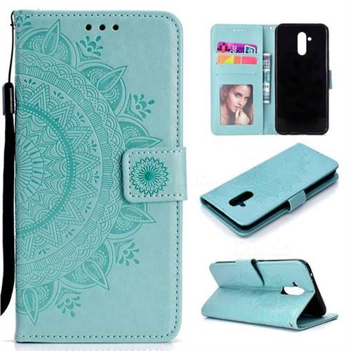 Intricate Embossing Datura Leather Wallet Case for Huawei Mate 20 Lite - Mint Green