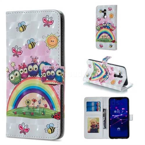 Rainbow Owl Family 3D Painted Leather Phone Wallet Case for Huawei Mate 20 Lite