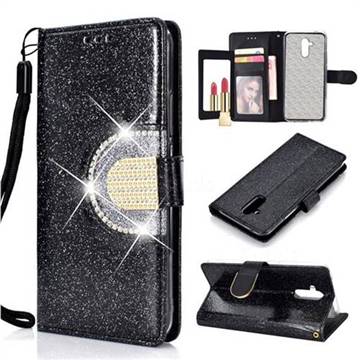 Glitter Diamond Buckle Splice Mirror Leather Wallet Phone Case for Huawei Mate 20 Lite - Black