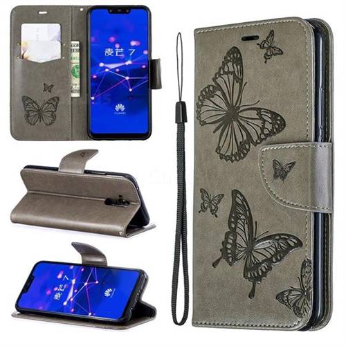 Embossing Double Butterfly Leather Wallet Case for Huawei Mate 20 Lite - Gray