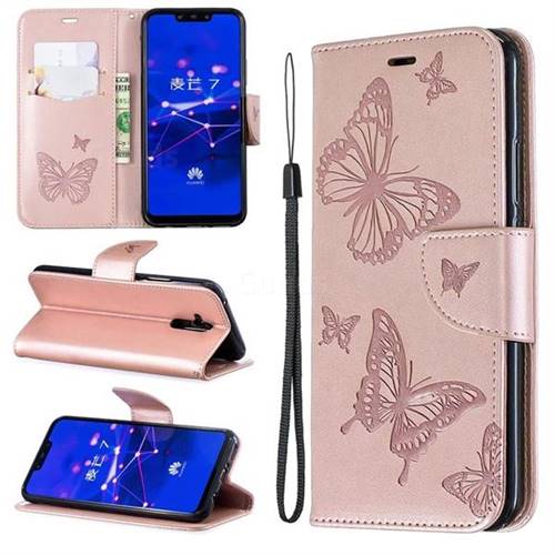Embossing Double Butterfly Leather Wallet Case for Huawei Mate 20 Lite - Rose Gold