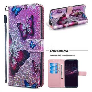 Blue Butterfly Sequins Painted Leather Wallet Case for Huawei Mate 20 Lite