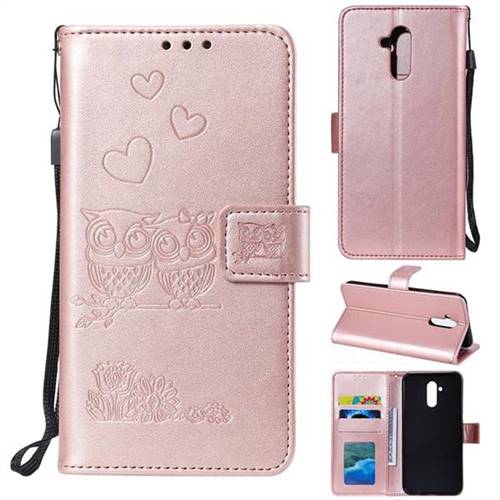 Embossing Owl Couple Flower Leather Wallet Case for Huawei Mate 20 Lite - Rose Gold