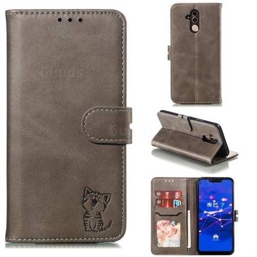 Embossing Happy Cat Leather Wallet Case for Huawei Mate 20 Lite - Gray