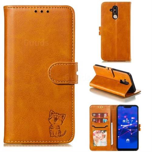 Embossing Happy Cat Leather Wallet Case for Huawei Mate 20 Lite - Yellow