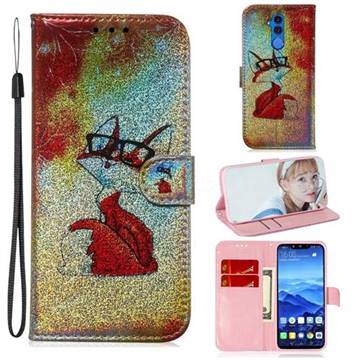 Glasses Fox Laser Shining Leather Wallet Phone Case for Huawei Mate 20 Lite