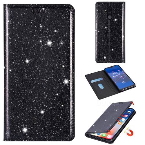 Ultra Slim Glitter Powder Magnetic Automatic Suction Leather Wallet Case for Huawei Mate 20 Lite - Black
