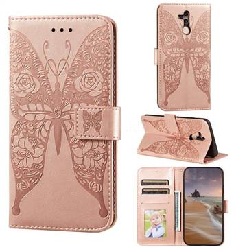 Intricate Embossing Rose Flower Butterfly Leather Wallet Case for Huawei Mate 20 Lite - Rose Gold