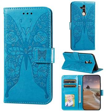 Intricate Embossing Rose Flower Butterfly Leather Wallet Case for Huawei Mate 20 Lite - Blue