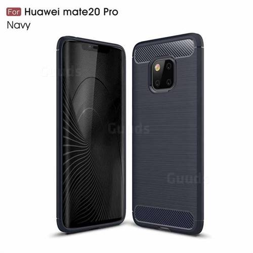Luxury Carbon Fiber Brushed Wire Drawing Silicone TPU Back Cover for Huawei Mate 20 Pro - Navy