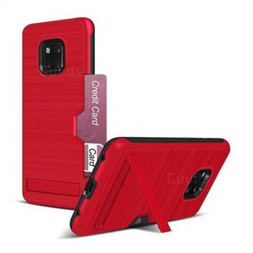 Brushed 2 in 1 TPU + PC Stand Card Slot Phone Case Cover for Huawei Mate 20 Pro - Red