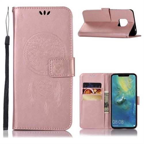 Intricate Embossing Owl Campanula Leather Wallet Case for Huawei Mate 20 Pro - Rose Gold