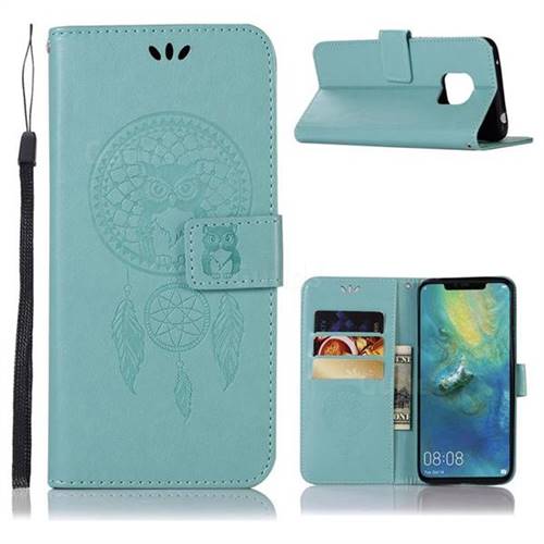 Intricate Embossing Owl Campanula Leather Wallet Case for Huawei Mate 20 Pro - Green